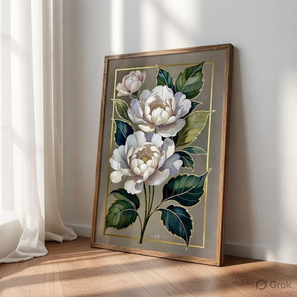 Elegant White Floral Botanical Wall Art with Wooden Frame | Luxury Flower HD UV Laminated Print on MDF | Modern Aesthetic Decor for Living Room Bedroom Office 13.5 Inch x 19.5 Inch
