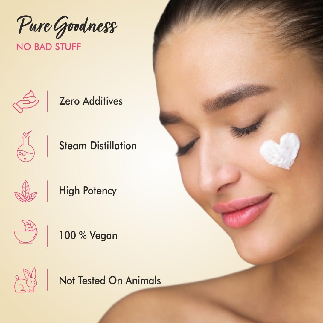 Woman applying cream to her face with product features listed on the left.