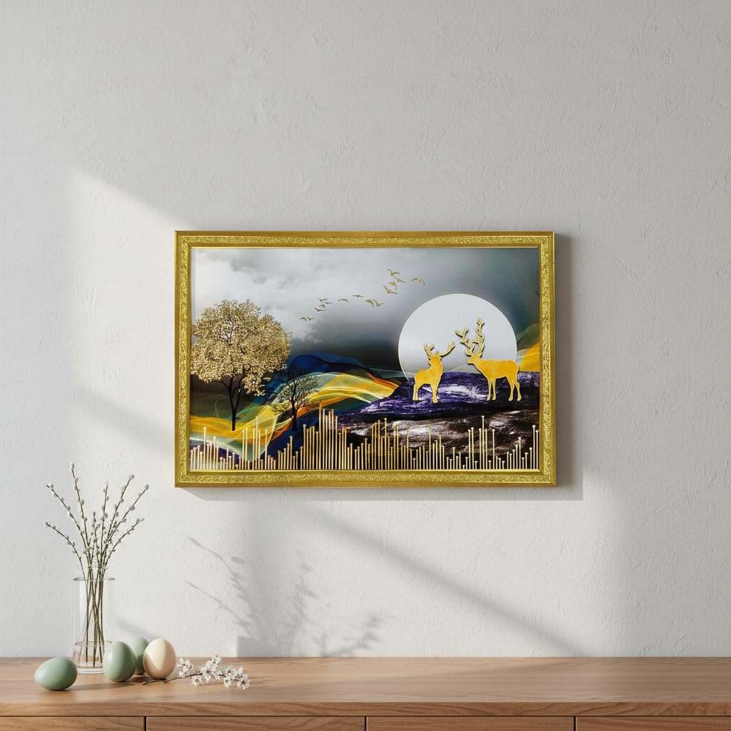 3D Golen Foil Modern Art Positive Vibes Landscape | Framed Painting | Ready to Hang - (Multicolor, 14 Inch x 20 Inch)