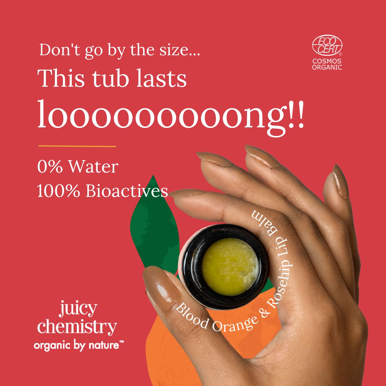 Juicy Chemistry Organic Lip Balm with Blood Orange & Rosehip, 5g | Deeply Moisturising & Brightening Lip Care | Reduces Lip Pigmentation | Dermatologically Tested | 100% Natural | Certified Organic & Cruelty-Free