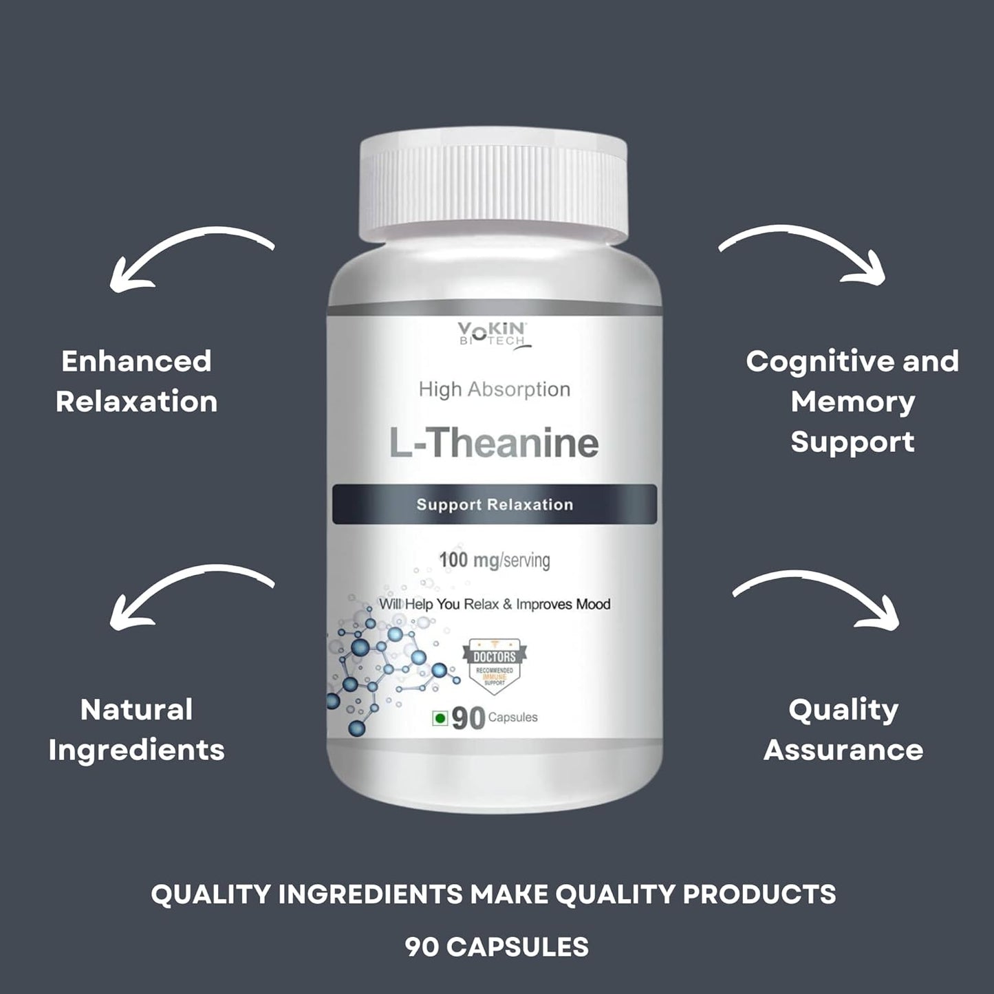 Bottle of L-Theanine supplement with text highlighting benefits on a dark gray background