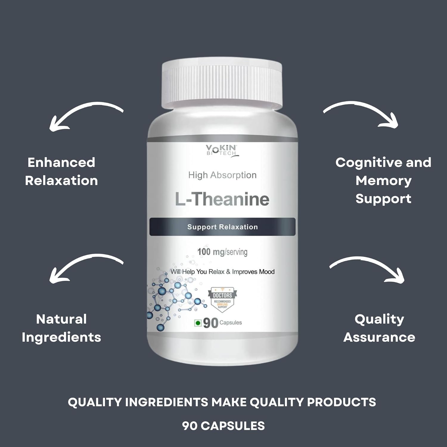 Bottle of L-Theanine supplement with text highlighting benefits on a dark gray background