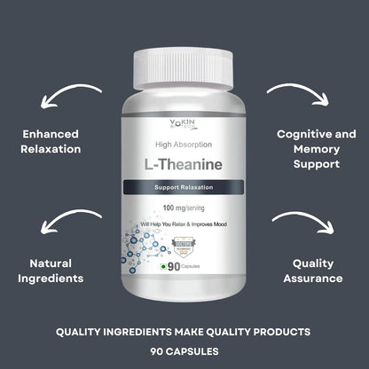 Bottle of L-Theanine supplement with text highlighting benefits on a dark gray background