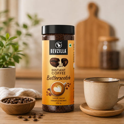 Bevzilla Butterscotch Flavoured Instant Coffee Powder - 200g | Arabica Beans | Best For Espresso, Latte & Cappucino | Hot & Cold Coffee | Intense, Bold And Strong Flavour