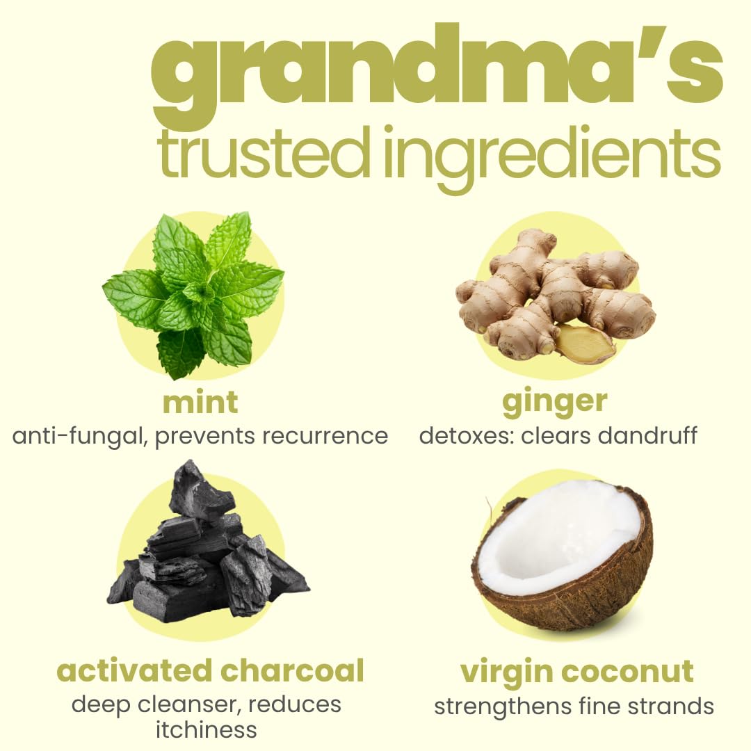 Illustration of 'grandma's trusted ingredients' with mint, ginger, activated charcoal, and virgin coconut on a light background.