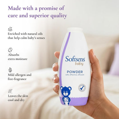 Softsens Baby Powder|Enriched with Patchouli & Olive|Soothes & Moisturises Baby’s Skin|Mild,Dermatologically Tested,Hypoallergenic & Paraben-Free|400g