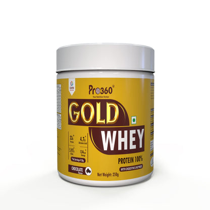 Pro360 Gold Whey Protein - Chocolate Flavored - (100% Whey Protein with Digestive Enzymes, 23g Protein, 5.97g BCAA, 4.7g Glutamic Acid per Serving) (250g)