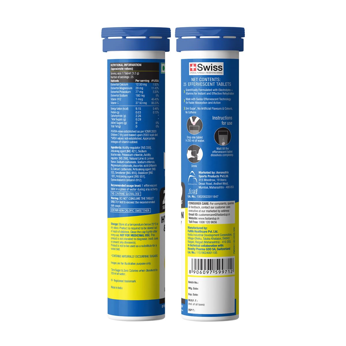 Two blue and white tubes with text and branding on a white background