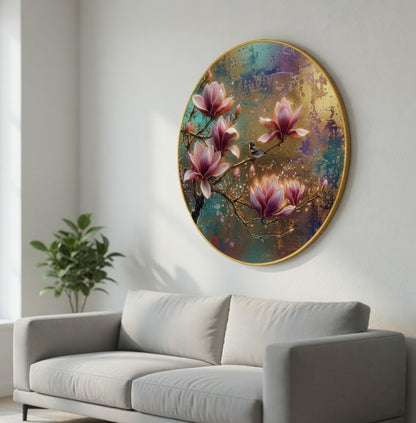 Magnolia Flower Wall Painting with Golden PVC Frame Round Bird Floral Art Modern Luxury Wall Decor for Living Room Bedroom Office Home Decorative Elegant Gift Item (16 x 16 Inch) GRM-360