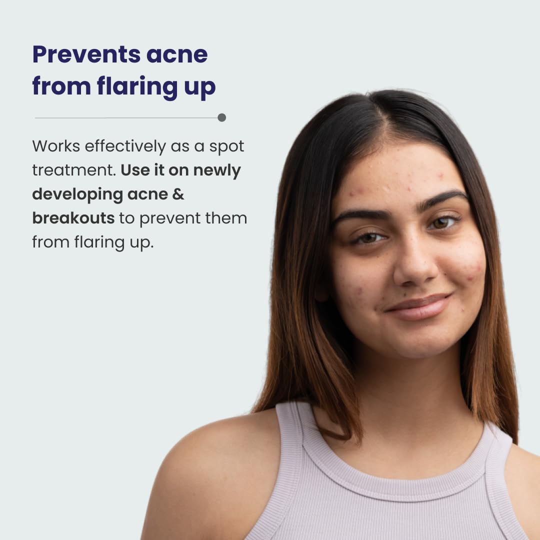 Woman with acne on a light gray background with text about skincare product benefits.