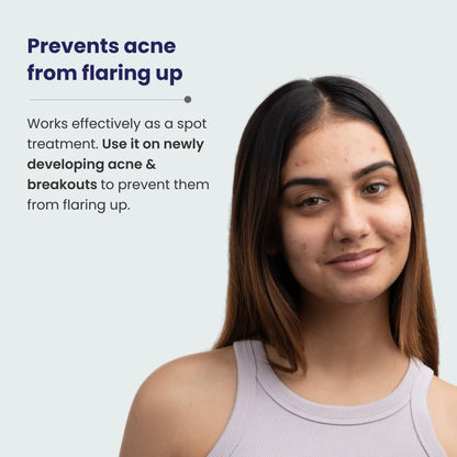 Woman with acne on a light gray background with text about skincare product benefits.