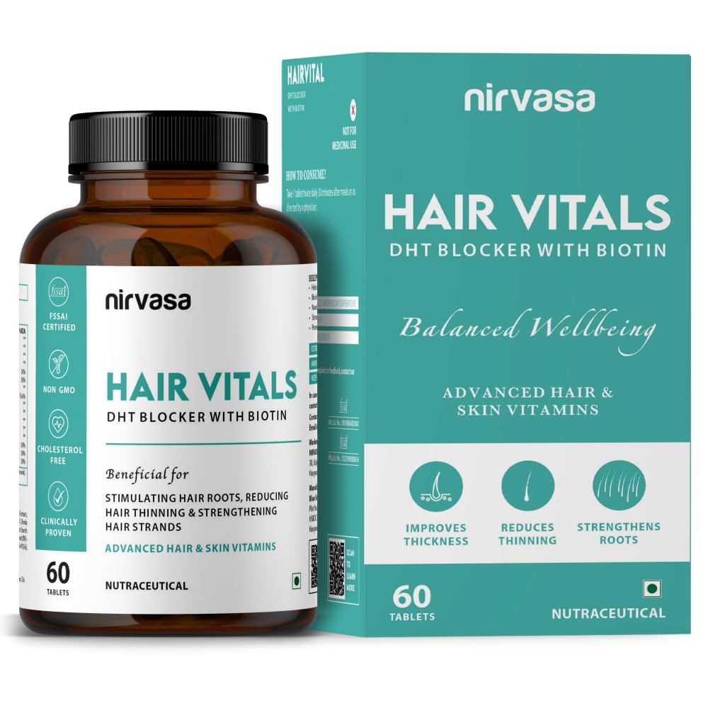 Nirvasa Hair Vitals DHT Blocker with Biotin (650mg) – 60 Tablets | Supports Hair Growth, Strength & Thickness | Reduces Hair Fall & Breakage | With Beta-Sitosterol | For Men & Women