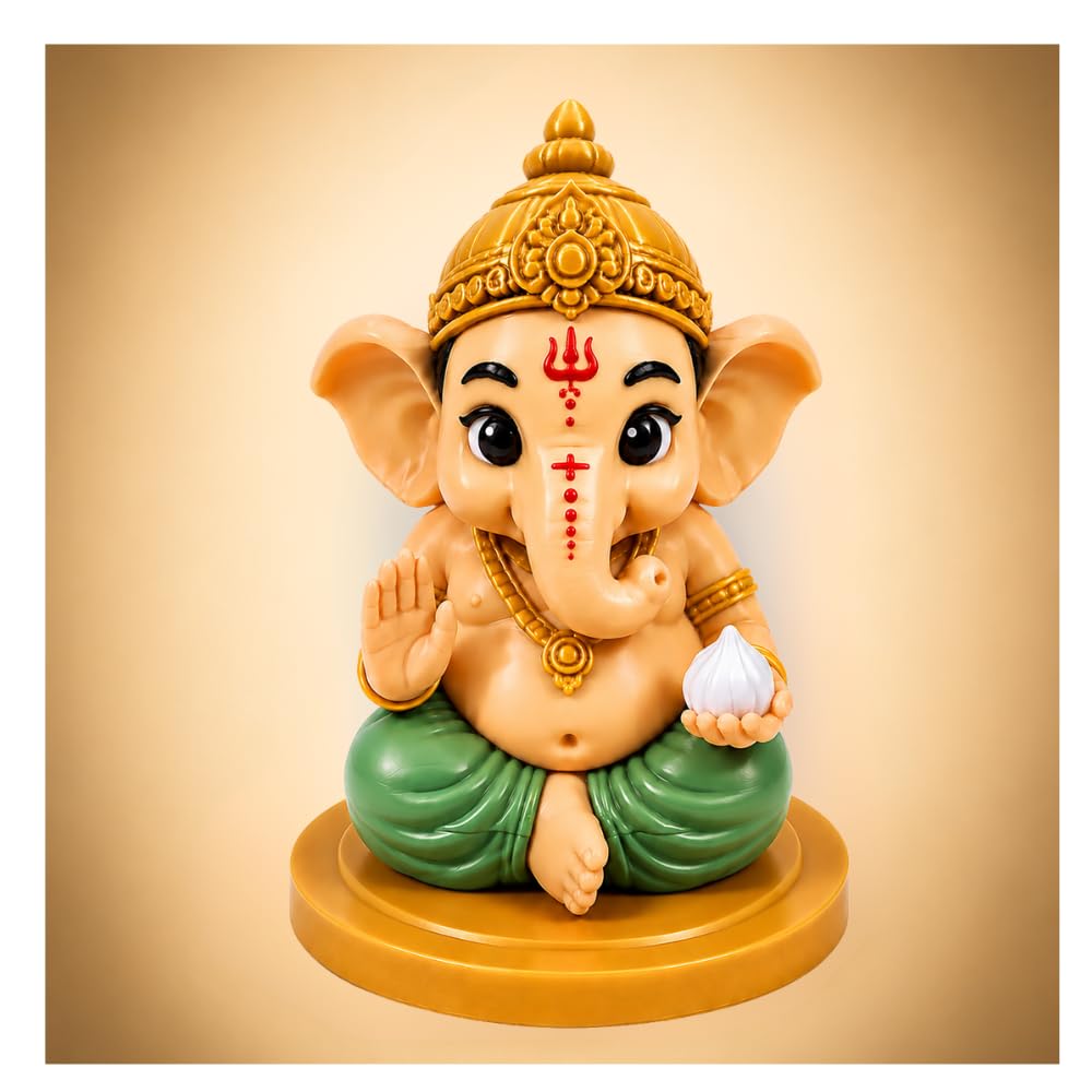 VASPAR Cute Baby Ganesha Idol for Car Dashboard | Premium Lord Ganesh Murti | Mini Ganpati Statue for Home Decor, Office Desk & Pooja Room | Spiritual Gift | Green