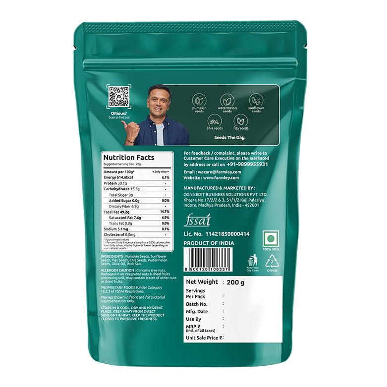 Farmley Seeds Mix, Edible Seed I Healthy Diet Snacks | 100% Natural, dietary fiber,omega-3s I Chia, Pumpkin,Flax, Watermelon and Sunflower Seeds (160 g (Pack of 1))