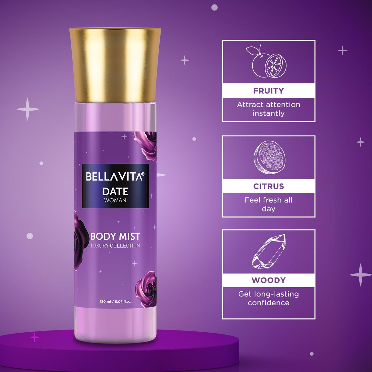 Bellavita Date Woman body mist on a purple background with feature icons.