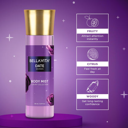 Bellavita Date Woman body mist on a purple background with feature icons.