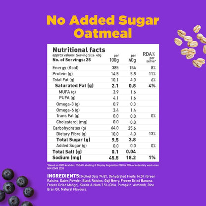 Yogabar No Added Sugar Oatmeal 1kg Pouch - with Alphonso Mango, Chia Seeds and Real Fruits & Berries - Whole Breakfast Oatmeal Cereal - Overnight Oats - with Rolled Oats