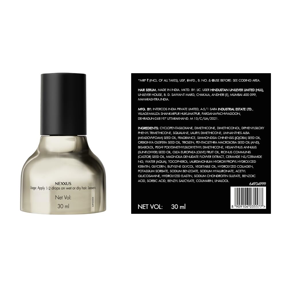Hair serum bottle with black cap and white label on a white background