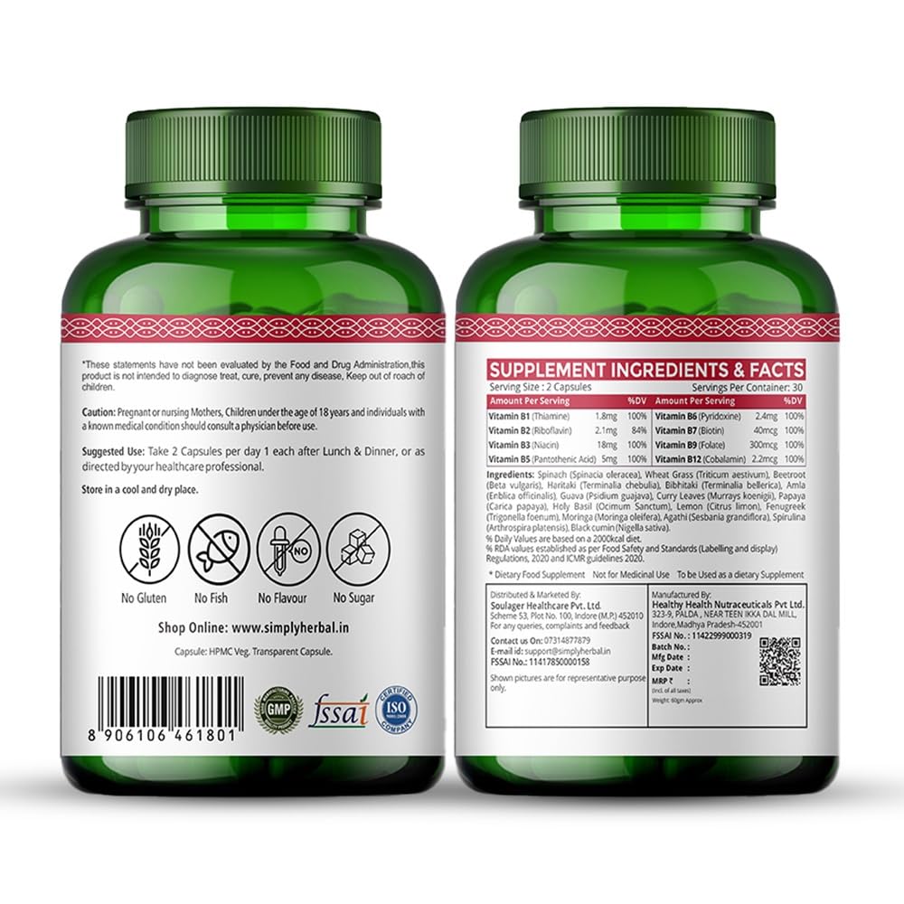 Simply Herbal Plant Based Vitamin B Complex Capsules, B-Complex Vitamin B1, B2, B3, B5, B6, B7, B9 & B12 | Supports Healthy Blood Cells, Metabolism & Improve Body Energy Level, 60 Capsules