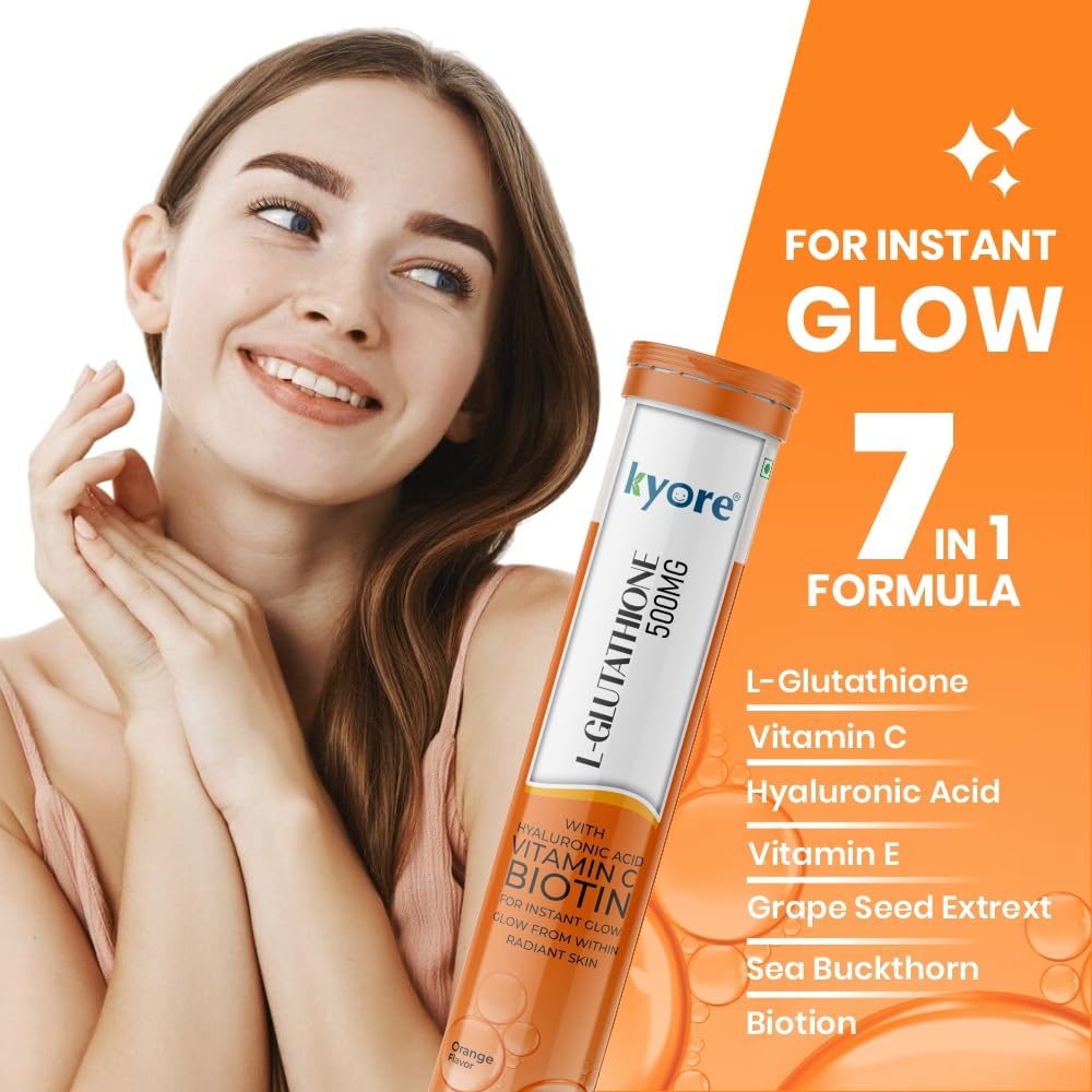 Woman with glowing skin holding a skincare product with text about its benefits.
