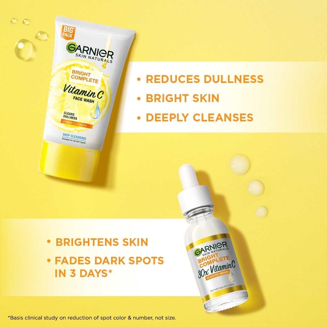 Garnier Skin Naturals Bright Complete Vitamin C skincare products on a yellow background