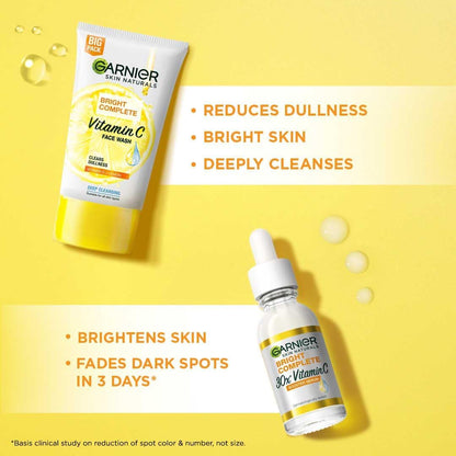 Garnier Skin Naturals Bright Complete Vitamin C skincare products on a yellow background