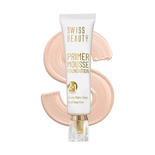 Swiss Beauty Primer Mousse Foundation Weightless Smooth & Velvet Touch, Matte Finish, Face Makeup, Natural Beige, 30ml