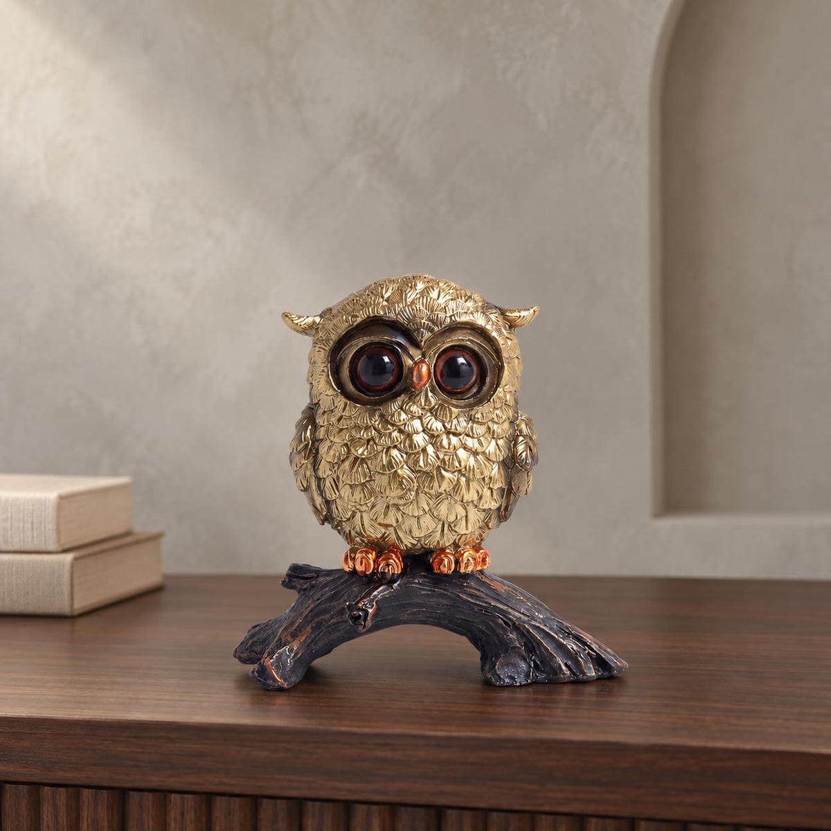 Owl Figurine on Natural Wood-Look Log Base Resin Decorative Showpiece for Home & Office Décor (Gold & Black, Small)