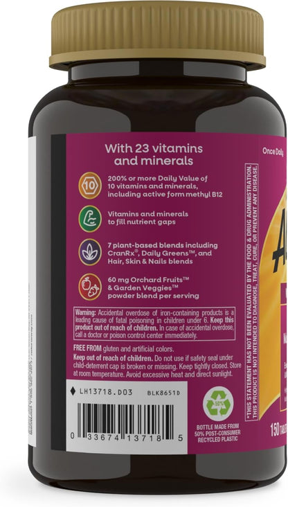 Supplement bottle with purple label detailing vitamins and minerals on a white background