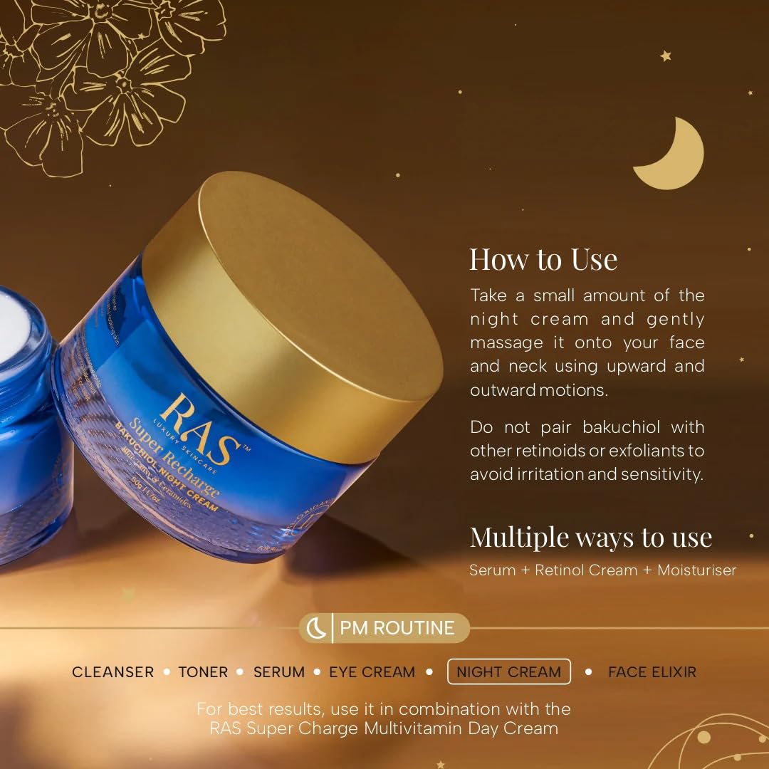 Ras Luxury Oils Super Recharge Night Cream with Bakuchiol (Natural Retinol) & Peptides| Anti-aging Formula | Hydrates & Strenghten Skin Barrier | Reduces Fine Lines & Wrinkles | Luxury Skincare