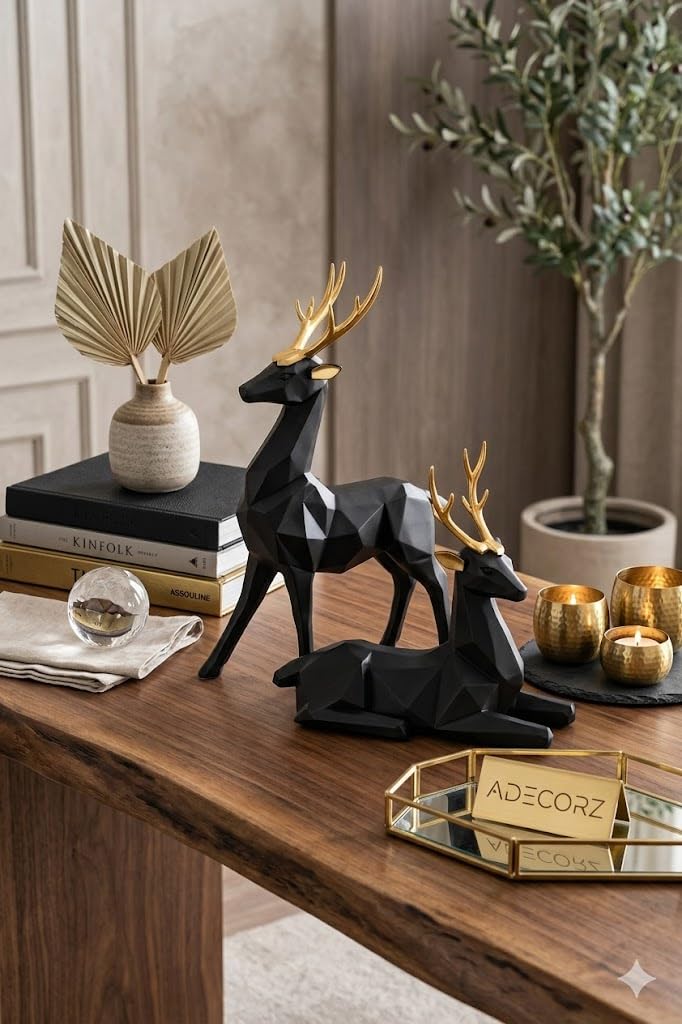Decorative Resin Deer Figurines, Resin, 25 cm Height, Set of 2, Standing and Sitting Deer Statues Geometric Showpiece for Home Decor | Housewarming Gift (Black)