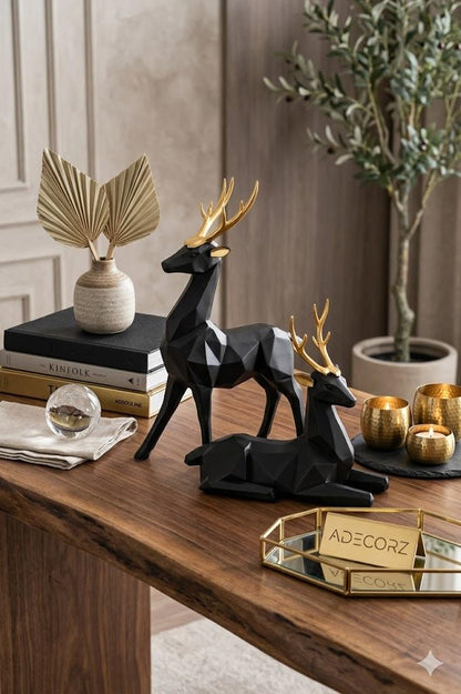 Decorative Resin Deer Figurines, Resin, 25 cm Height, Set of 2, Standing and Sitting Deer Statues Geometric Showpiece for Home Decor | Housewarming Gift (Black)