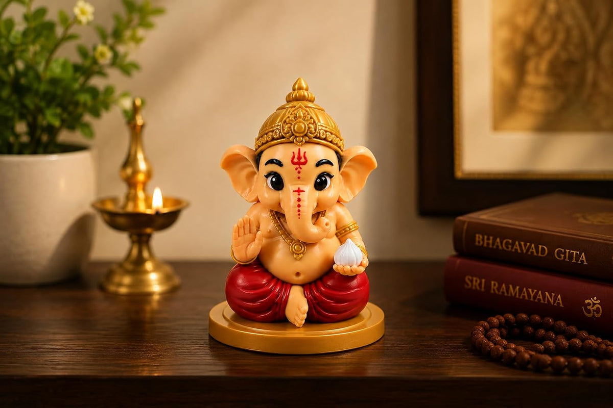 VASPAR Cute Baby Ganesha Idol for Car Dashboard | Premium Lord Ganesh Murti | Mini Ganpati Statue for Home Decor, Office Desk & Pooja Room | Spiritual Gift | Red
