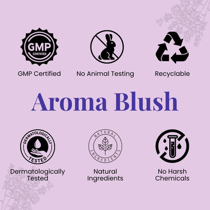 Certification logos for Aroma Blush on a purple background