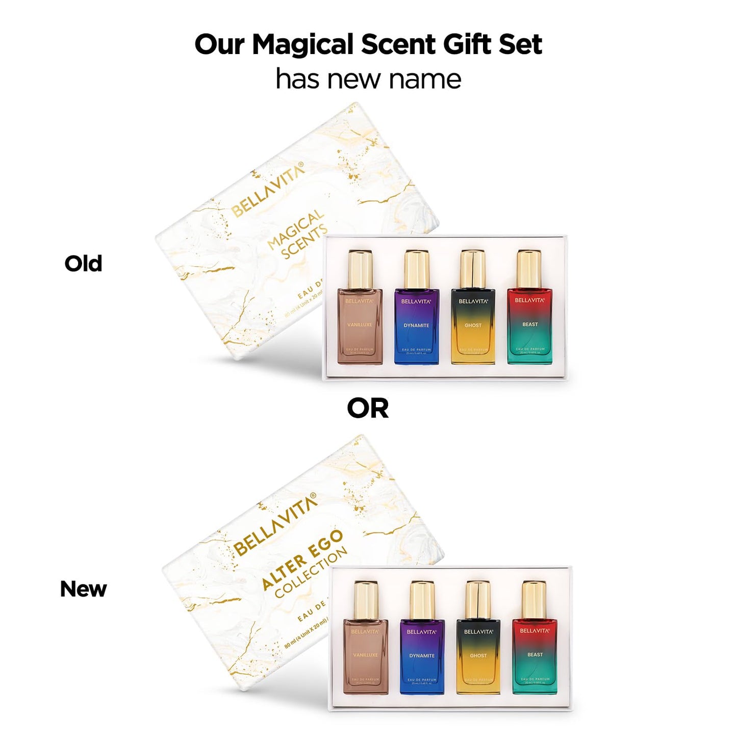 Comparison of Bellavita's 'Our Magical Scent Gift Set' with 'Alter Ego Collection' packaging on a white background.