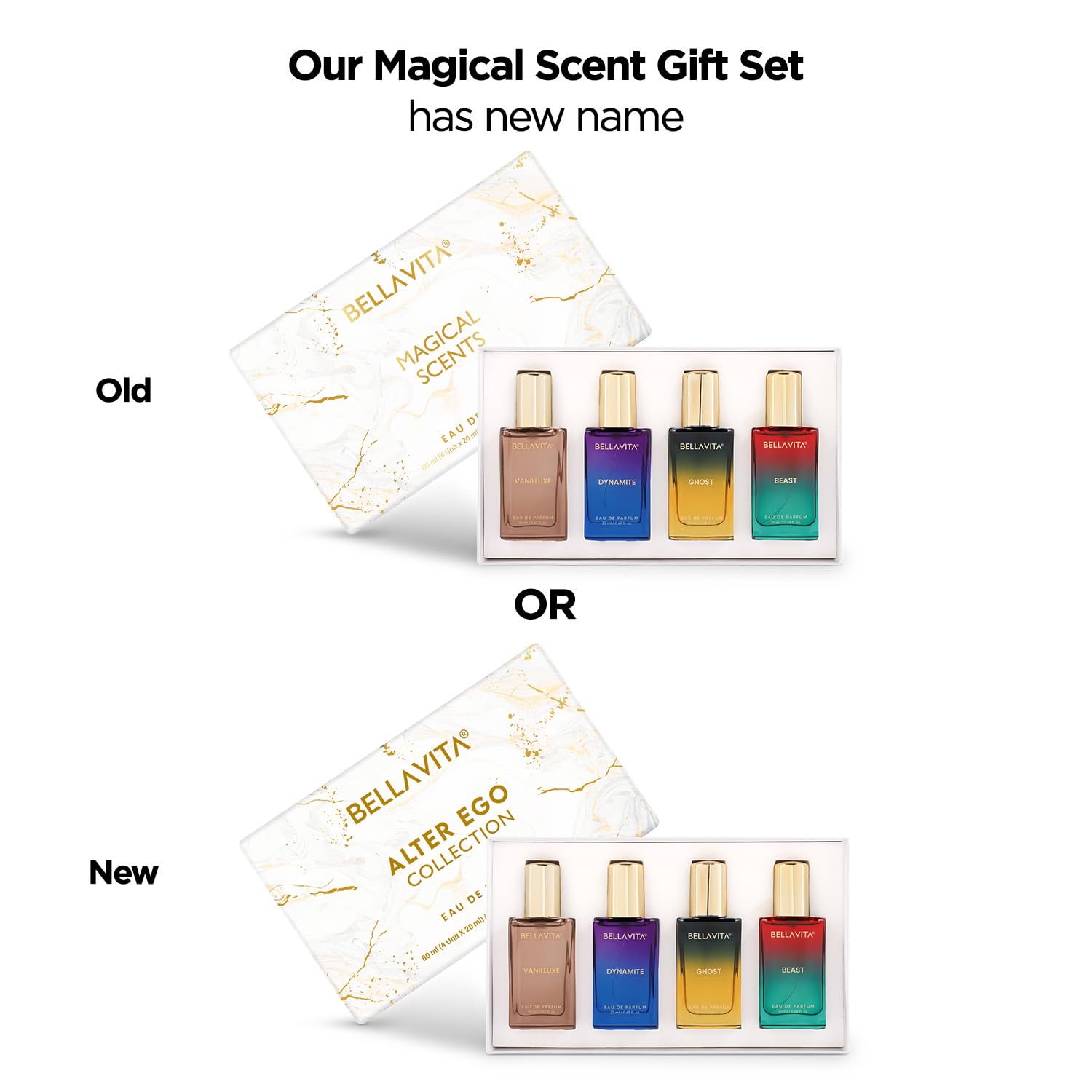 Comparison of Bellavita's 'Our Magical Scent Gift Set' with 'Alter Ego Collection' packaging on a white background.