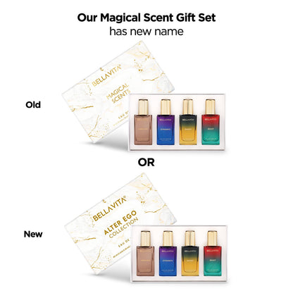 Comparison of Bellavita's 'Our Magical Scent Gift Set' with 'Alter Ego Collection' packaging on a white background.