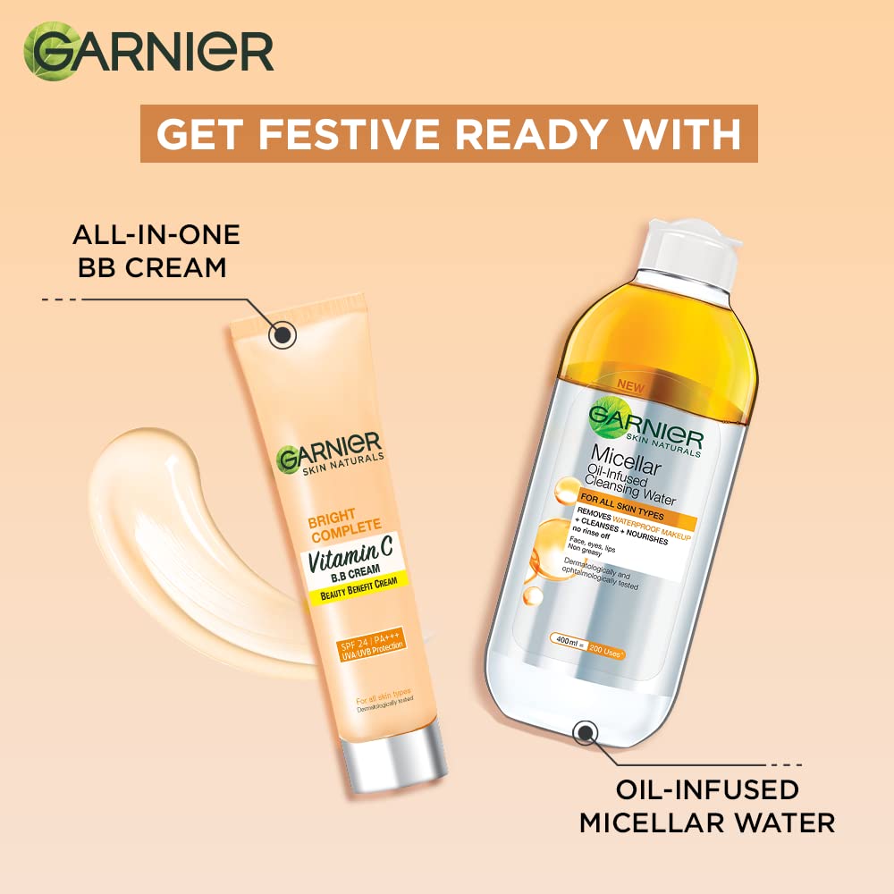 Garnier skincare products on a beige background with text 'Get Festive Ready With'.