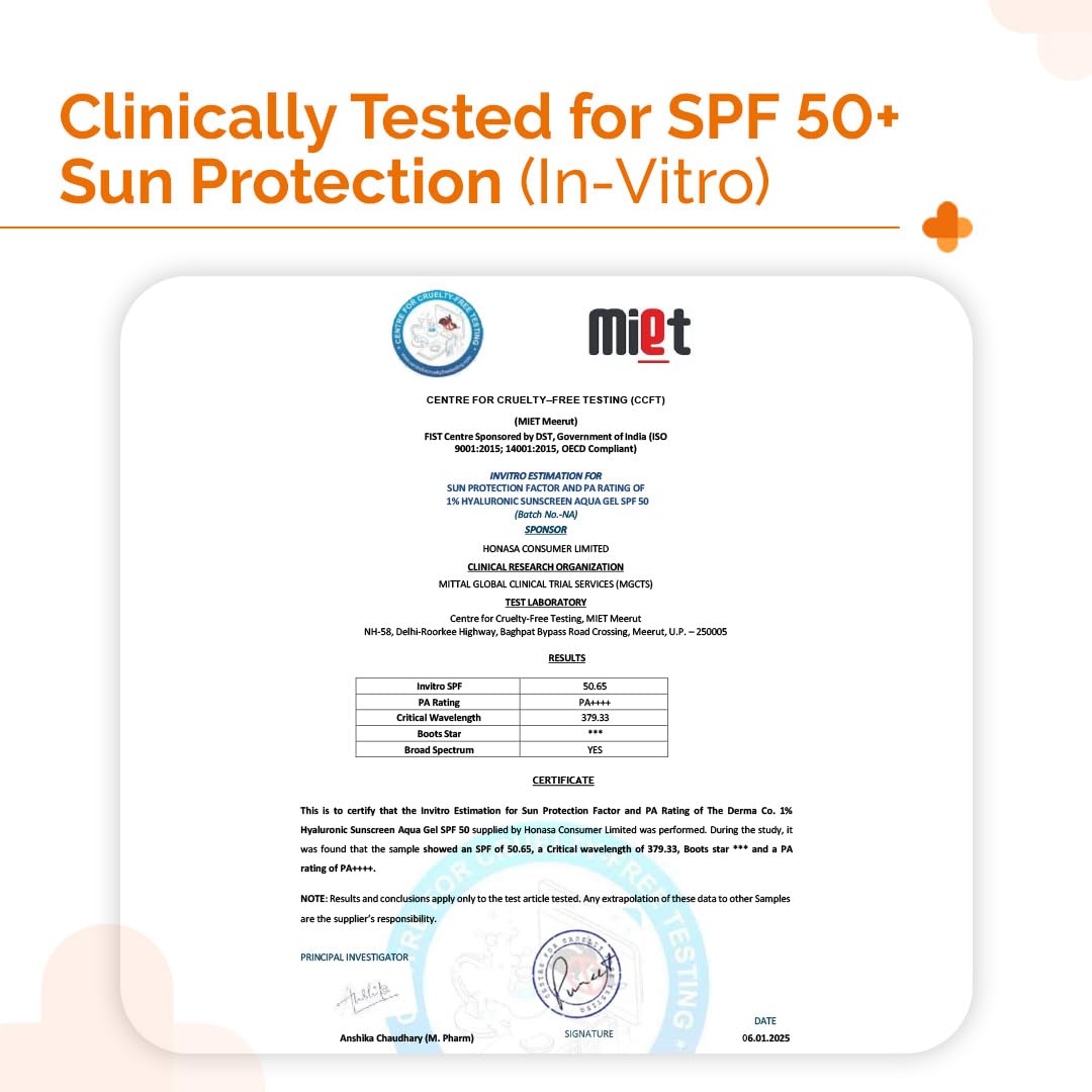 Certification for SPF 50+ sun protection with Miet logo and text on a white background
