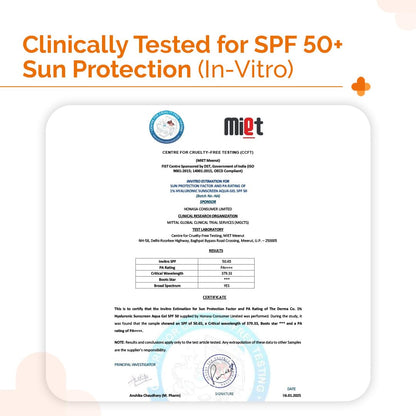 Certification for SPF 50+ sun protection with Miet logo and text on a white background