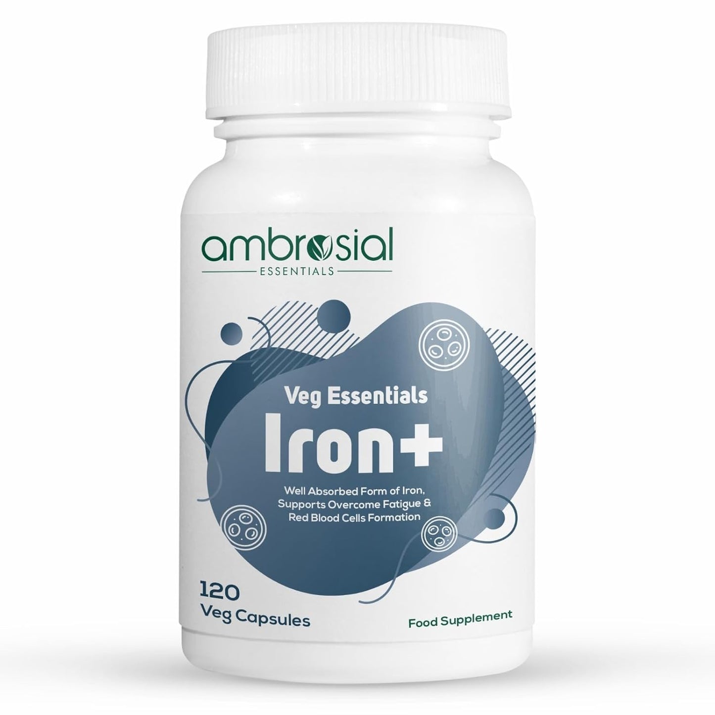 White supplement bottle labeled 'Ambrosial Essentials Iron+' on a white background