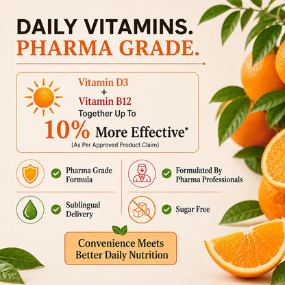 KuerZen DB12 Vitamin D3 + Vitamin B12 Sublingual Liquid Drops | Sugar Free Daily Vitamins | Bone, Energy, Nerve & Immune Support | Vitamin B12 Deficiency Supplement | Orange Flavour | 30ml