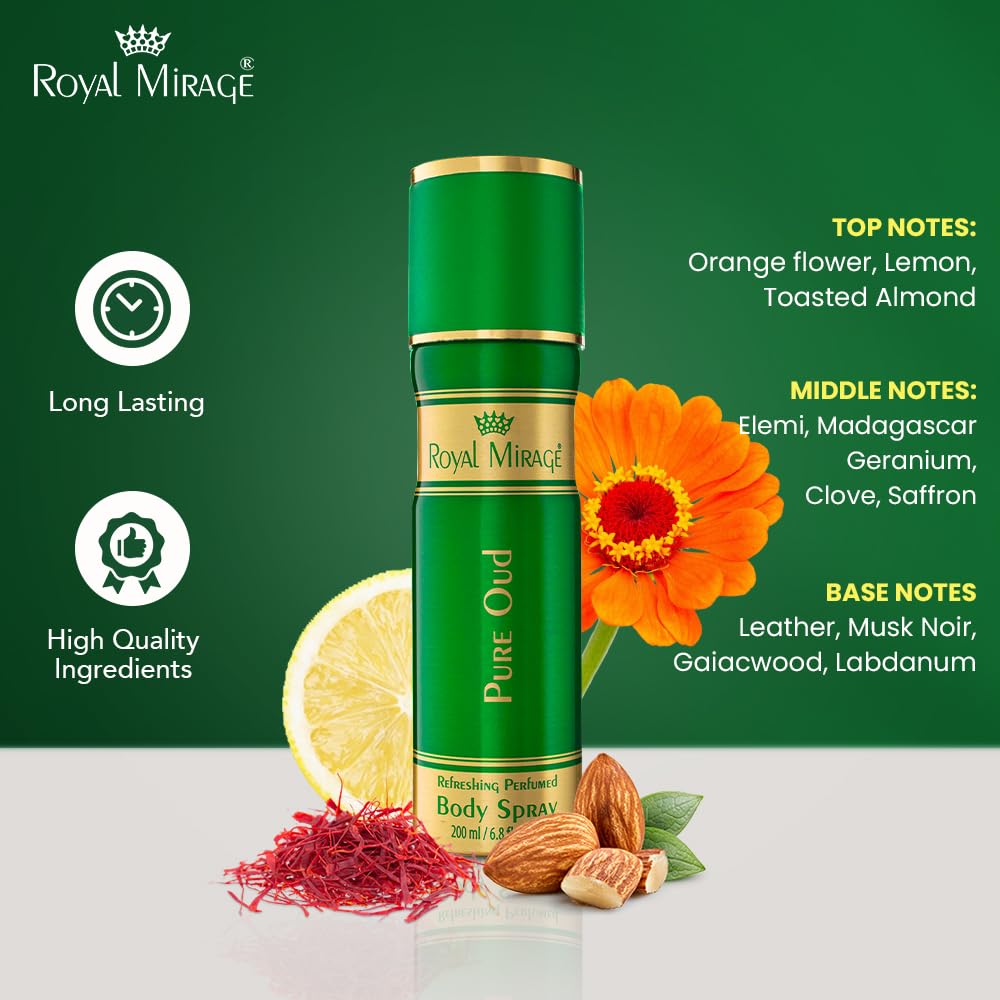 Green bottle of Royal Mirage Pure Oud body spray with floral and spice elements on a green background
