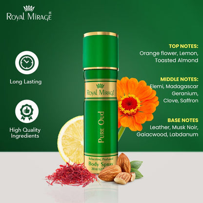 Green bottle of Royal Mirage Pure Oud body spray with floral and spice elements on a green background