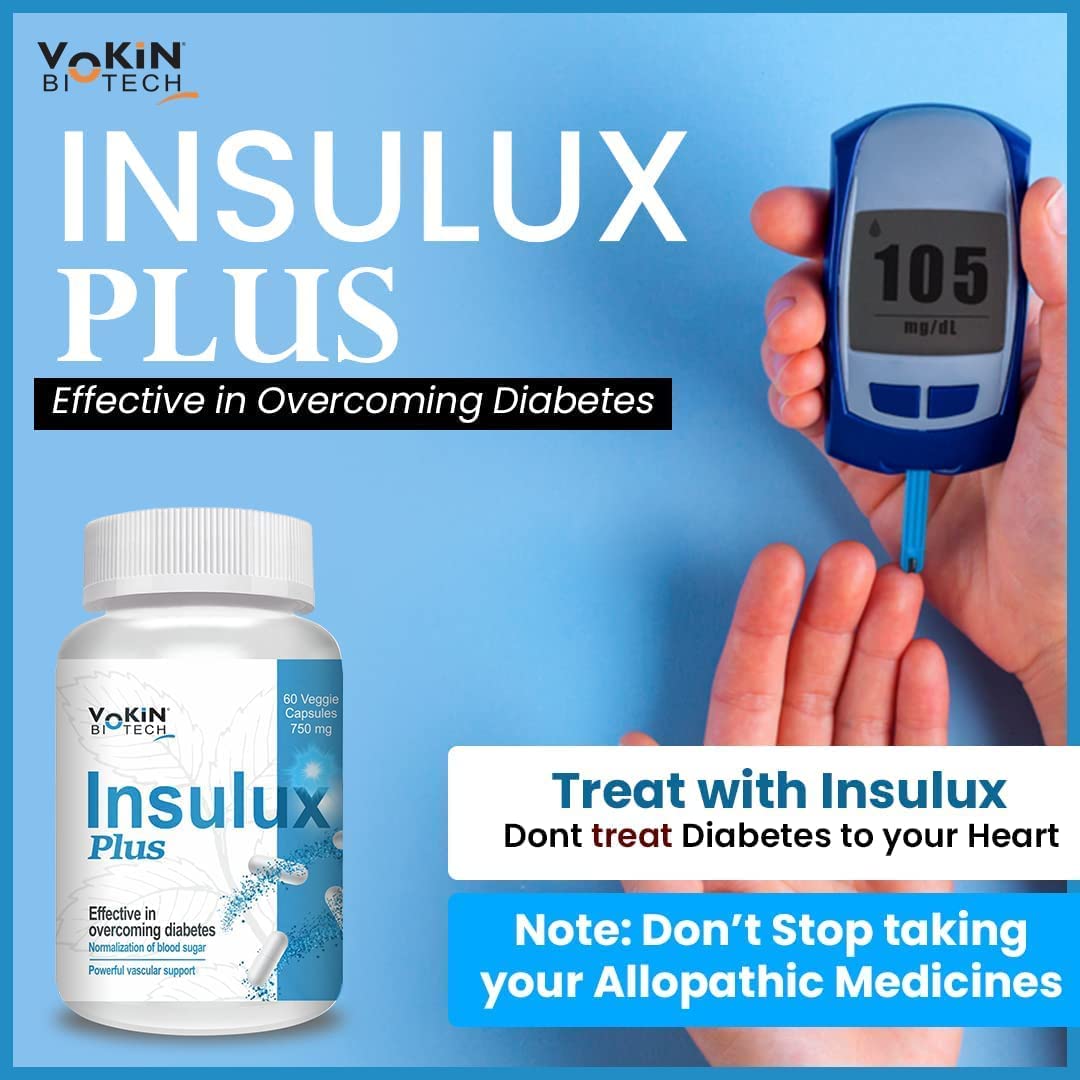 Advertisement for Insulux Plus diabetes treatment with a bottle and glucometer on a blue background.