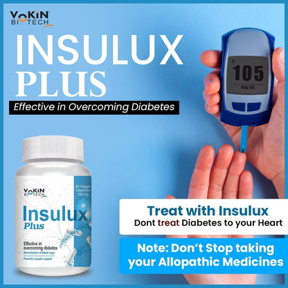 Advertisement for Insulux Plus diabetes treatment with a bottle and glucometer on a blue background.