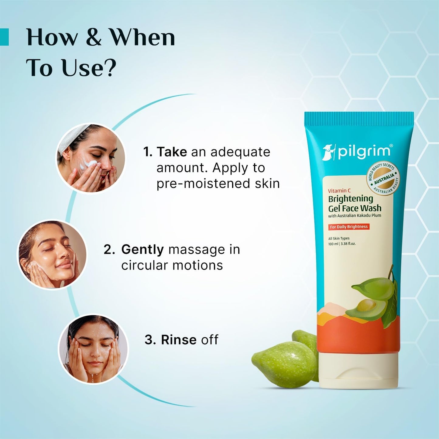 Pilgrim Australian Vitamin C Gel Face Wash for glowing skin with Kakadu Plum & Lime Pearl™ | Face wash for dry & radiant skin | Women & Men | 100 ml