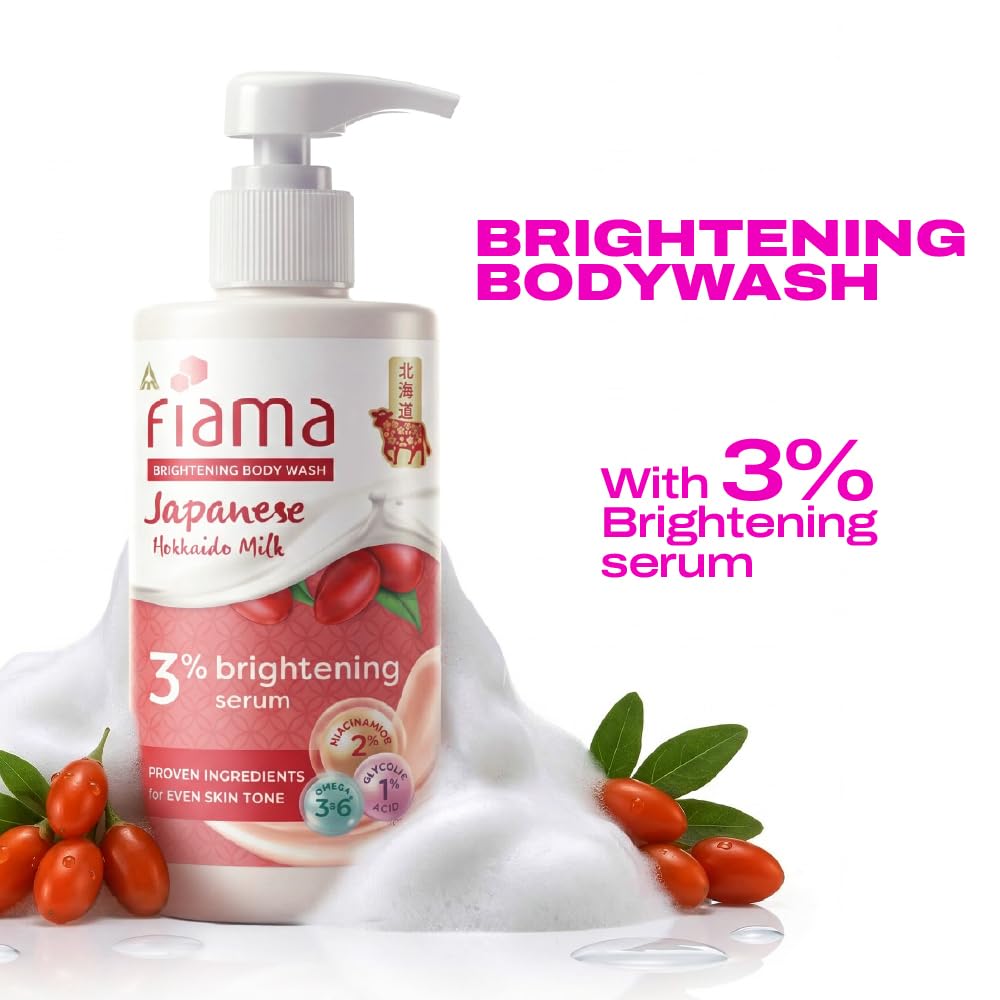 Fiama 3% Brightening Serum Body Wash 250ml | 2% Niacinamide, 1% Glycolic Acid, Omega 3 & 6 Fatty Acids Shower Gel, Fights Dullness & Evens Skin tone | Exotic Japanese Hokkaido Milk, Raspberry Smoothie Fragrance