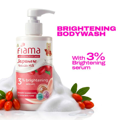 Fiama 3% Brightening Serum Body Wash 250ml | 2% Niacinamide, 1% Glycolic Acid, Omega 3 & 6 Fatty Acids Shower Gel, Fights Dullness & Evens Skin tone | Exotic Japanese Hokkaido Milk, Raspberry Smoothie Fragrance