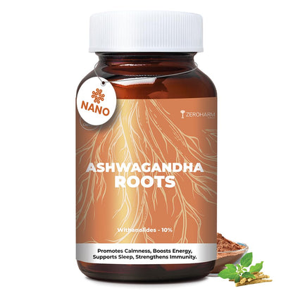 ZEROHARM Nano Ashwagandha Root Capsules with 10% Withanolides | Pure Root Extract | Supports Stress Relief, Deep Sleep & Natural Focus, Strength, Clarity | Adaptogenic for Men & Women | 60 Capsules
